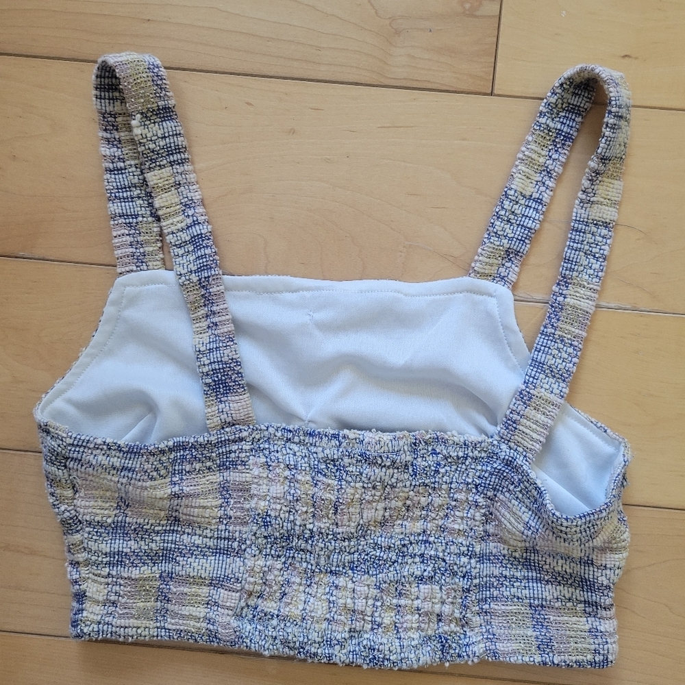 Almost Famous Tweed Plaid Pearl Button Cropped Top Bustier Size S - Picture 4 of 4